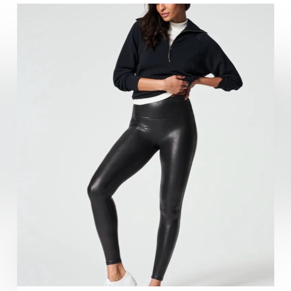 Spanx Women’s Size 1X Petite Black Faux Leather Leggings High Waist 2437 Stretch